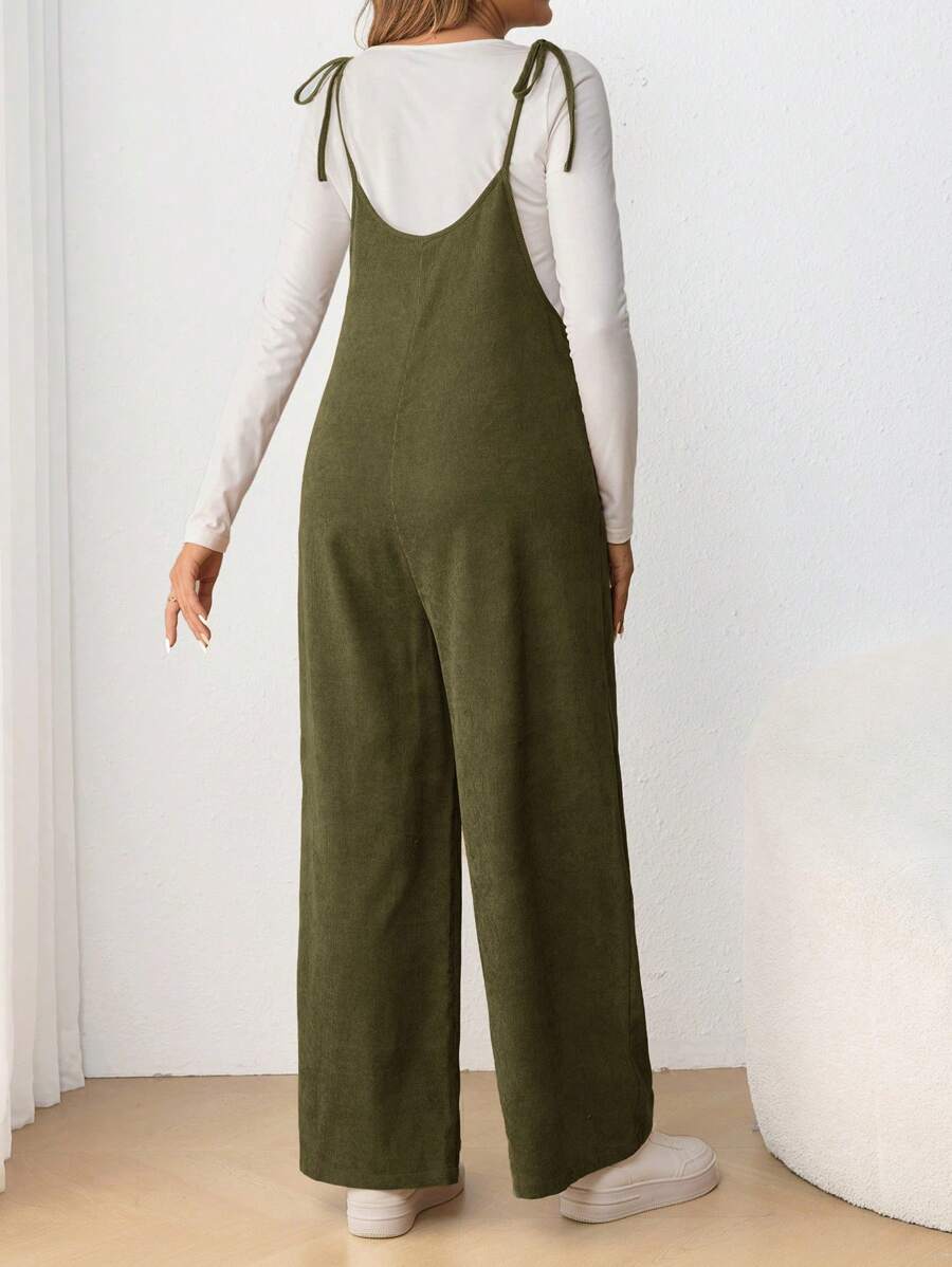 Maternity Casual Spaghetti Strap Bow Knot Long Jumpsuit Mocha Brown Regular Fit Sleeveless Overall for Daily Wear and Easter