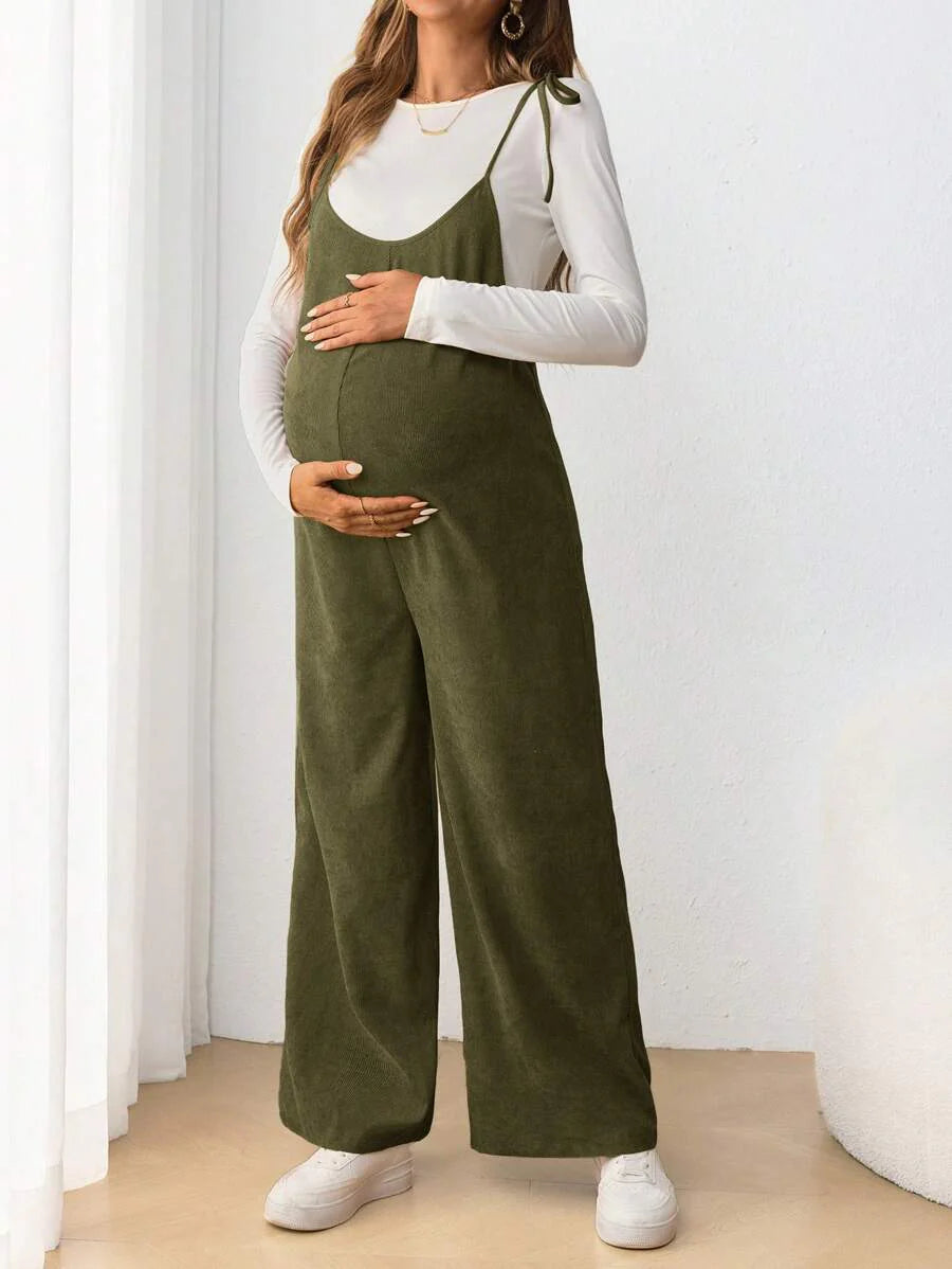 Maternity Casual Spaghetti Strap Bow Knot Long Jumpsuit Mocha Brown Regular Fit Sleeveless Overall for Daily Wear and Easter