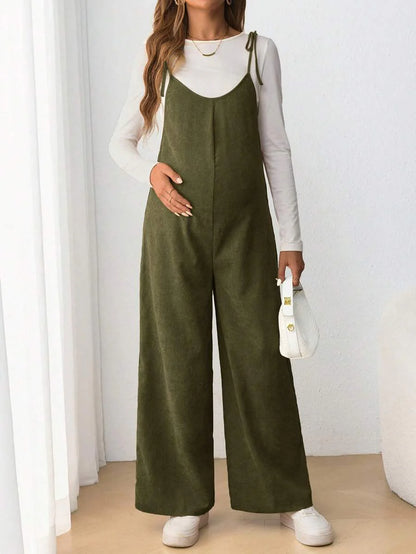 Maternity Casual Spaghetti Strap Bow Knot Long Jumpsuit Mocha Brown Regular Fit Sleeveless Overall for Daily Wear and Easter