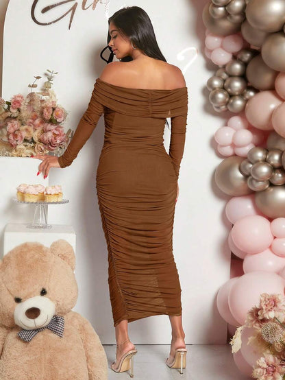 Maternity Solid Ruched Off Shoulder Long Sleeve Bodycon Dress for Baby Shower Green
