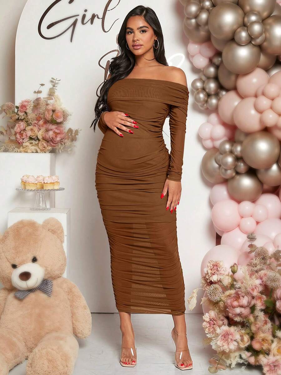 Maternity Solid Ruched Off Shoulder Long Sleeve Bodycon Dress for Baby Shower Green