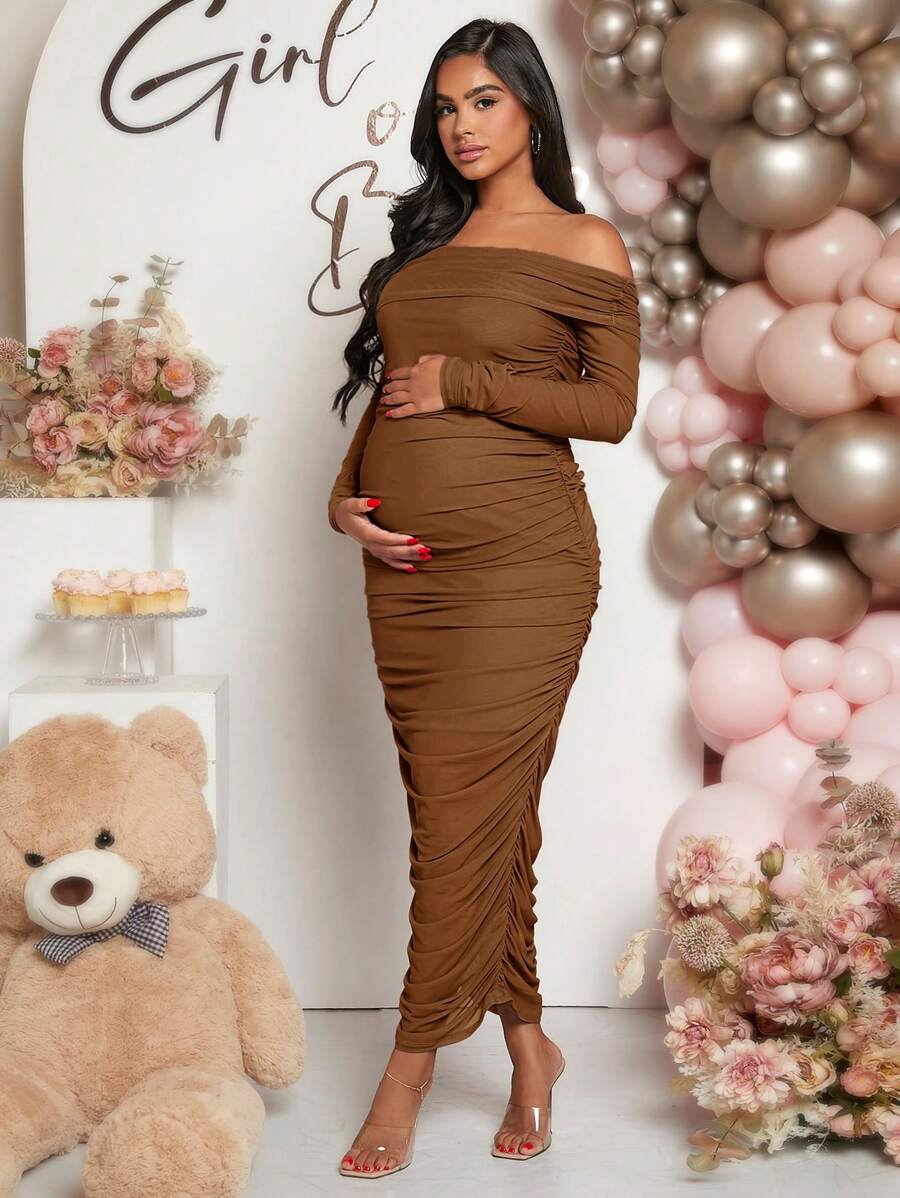 Maternity Solid Ruched Off Shoulder Long Sleeve Bodycon Dress for Baby Shower Green