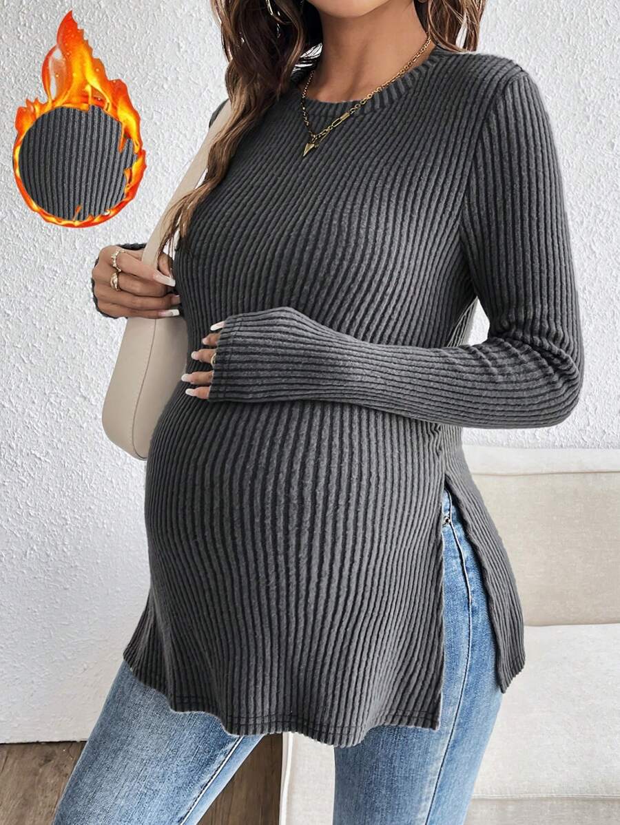 White Ribbed Side Split Long Sleeve Maternity T-Shirt - Slim Fit Crew Neck Knitted Casual Pregnancy Top with Slit Hem