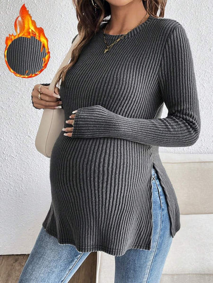 White Ribbed Side Split Long Sleeve Maternity T-Shirt - Slim Fit Crew Neck Knitted Casual Pregnancy Top with Slit Hem