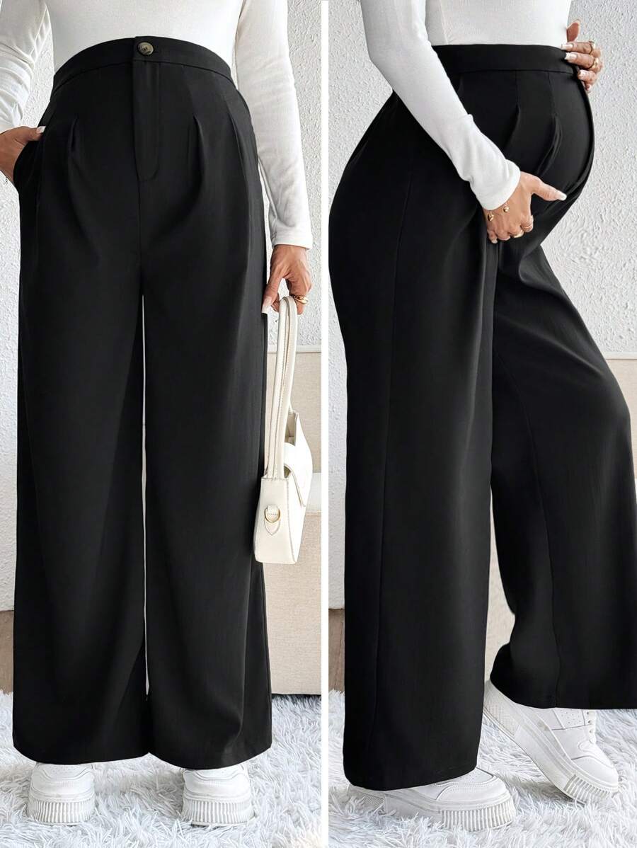 Maternity Palazzo Pants - Button Detail, Pocket, Tailored Loose Fit, Navy Blue