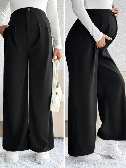 Maternity Palazzo Pants - Button Detail, Pocket, Tailored Loose Fit, Navy Blue