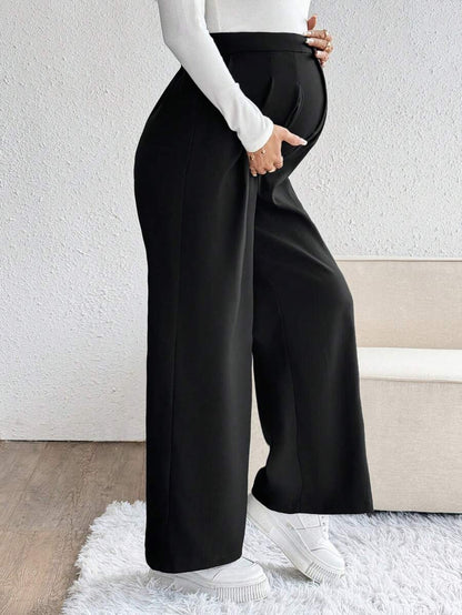 Maternity Palazzo Pants - Button Detail, Pocket, Tailored Loose Fit, Navy Blue