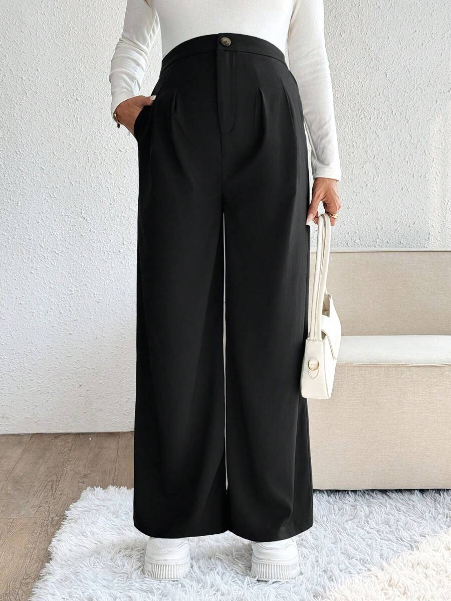 Maternity Palazzo Pants - Button Detail, Pocket, Tailored Loose Fit, Navy Blue