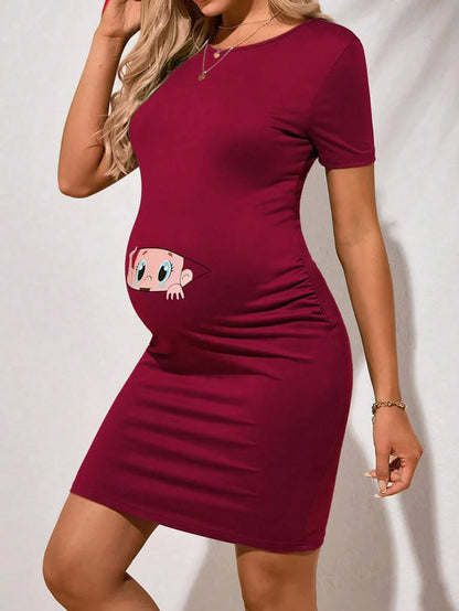 Cute Cartoon Animal Print Short Sleeve Maternity Bodycon Dress Slim Fit Ruched Mid Waist Black Long Pencil Hem Knitted Casual Maternity Gown
