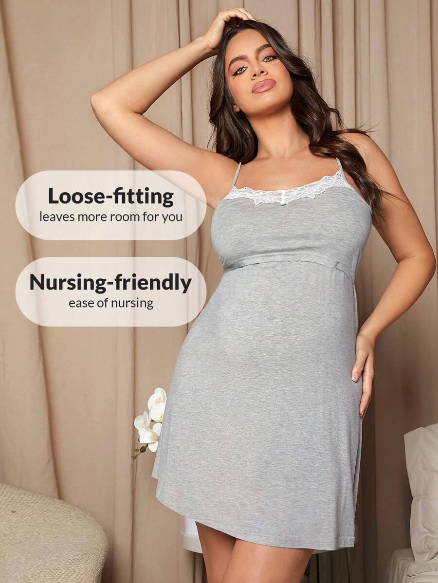 Maternity Lace Trim Nursing Cami Dress - Soft Stretch Pregnancy Breastfeeding, Daily Wear
