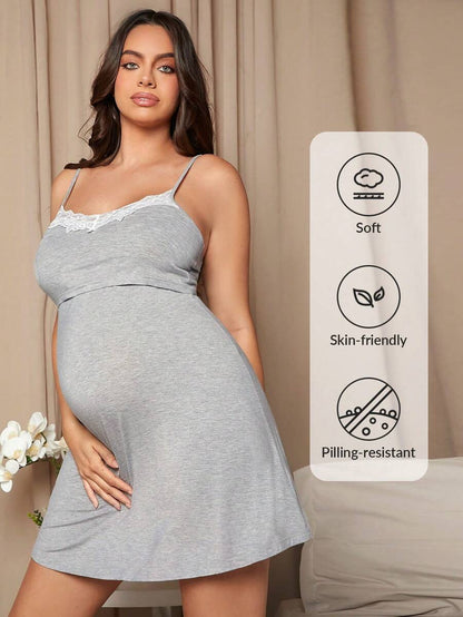 Maternity Cami Nursing Dress - Spaghetti Strap, Contrast Lace, Flared Hem, Short, Dark Grey
