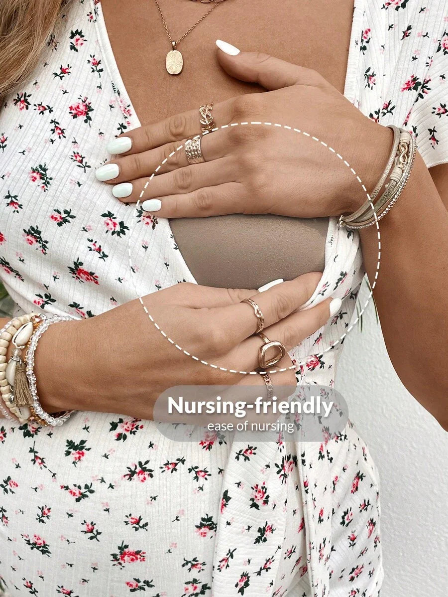Maternity & Nursing Floral V-Neck Top - Flutter Sleeve Shirred Waist T-Shirt with Knot Detail for Summer Holiday