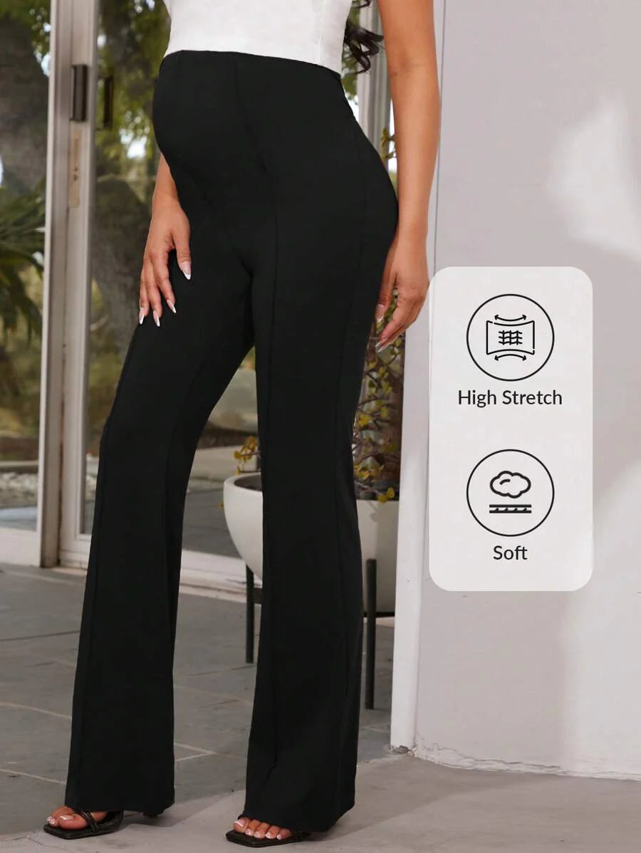 Maternity Flare Leg Pants - Adjustable Ultra High Waist, Button Detail, Chocolate Brown