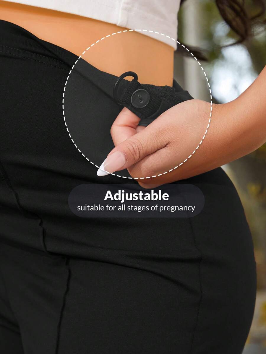 Maternity Flare Leg Pants - Adjustable Ultra High Waist, Button Detail, Chocolate Brown