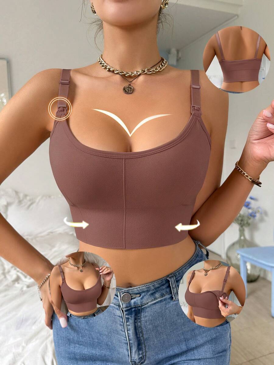 Seamless Grey Maternity and Nursing Bra - Wireless Knitted Comfort Crop Top with Adjustable Straps for Daily Wear