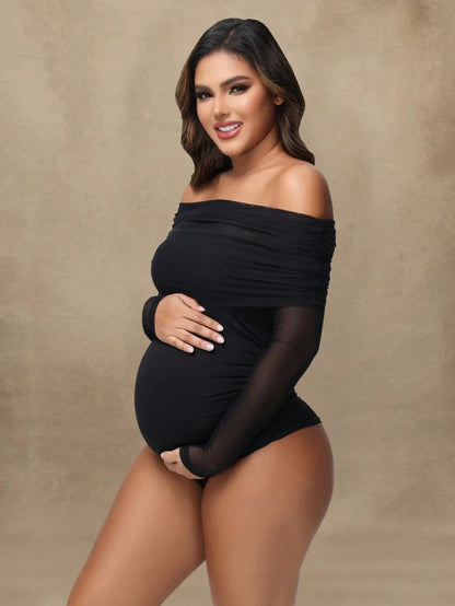 Maternity Open Shoulder Mesh Collar Jumpsuit, Sexy Sheer Long Sleeve Romper For Photoshoot Black Spring