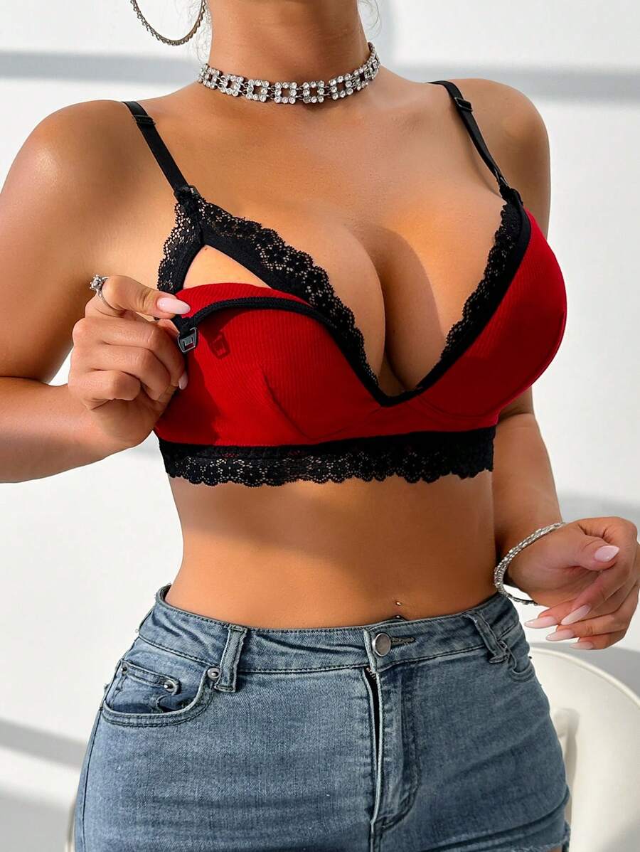 Lace Trim Nursing Bra Wireless Grey Maternity Strapless Bralette with Adjustable Straps for Daily Support