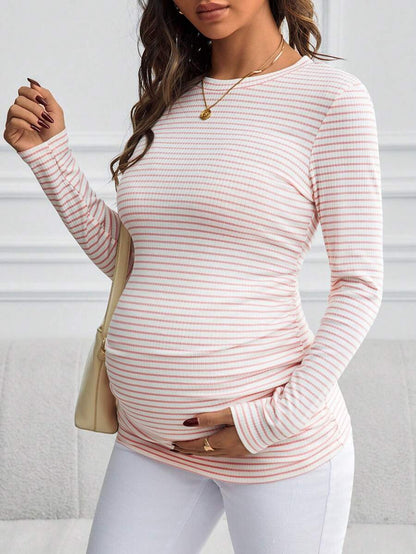 Maternity Striped Long Sleeve Slim Fit T-Shirt - Autumn Round Neck Rib-Knit Casual Top for Daily Wear