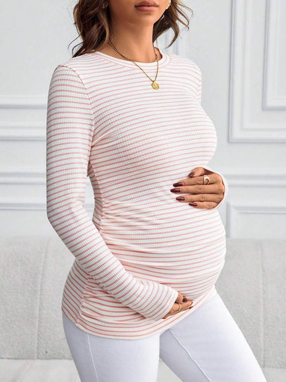 Maternity Striped Long Sleeve Slim Fit T-Shirt - Autumn Round Neck Rib-Knit Casual Top for Daily Wear
