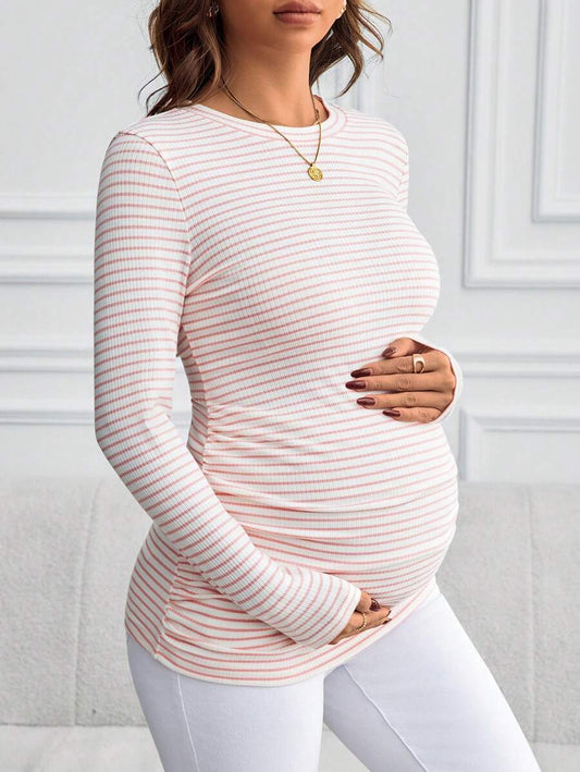 Maternity Striped Long Sleeve Slim Fit T-Shirt - Autumn Round Neck Rib-Knit Casual Top for Daily Wear