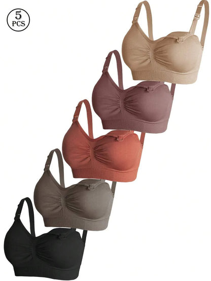 Maternity Nursing Bra Set 5 Pack - Nylon Seamless Front Clasp Wireless Breastfeeding, Pregnancy
