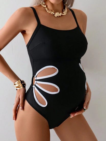 Maternity One-Piece Swimsuit - Petal Hollow Out Vacation Beach Swimwear