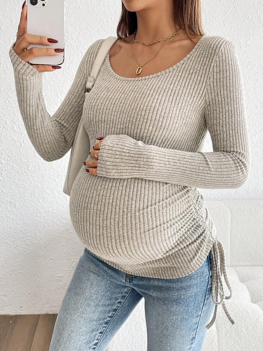 Maternity Drawstring Nursing Top - Square Neck, Long Sleeve, Slim Fit, High Stretch, White