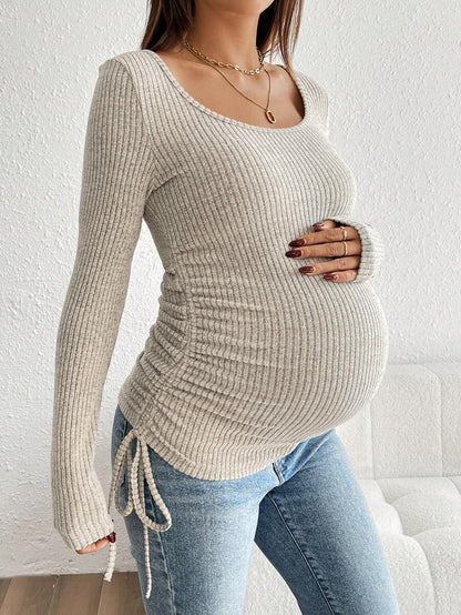 Maternity Drawstring Nursing Top - Square Neck, Long Sleeve, Slim Fit, High Stretch, White