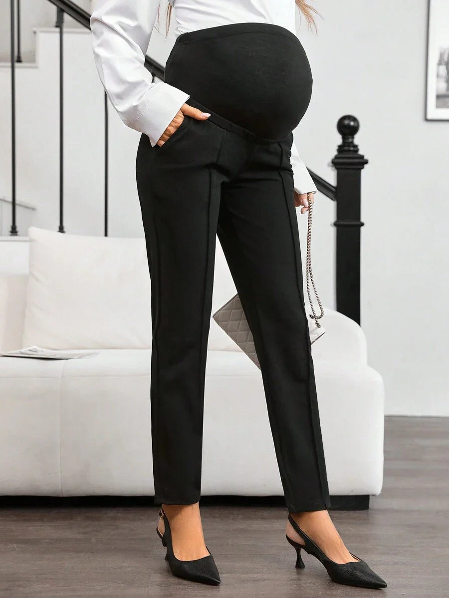 Maternity Adjustable Waist Pants - Ultra High Waist, Straight Leg, Button Detail, Black