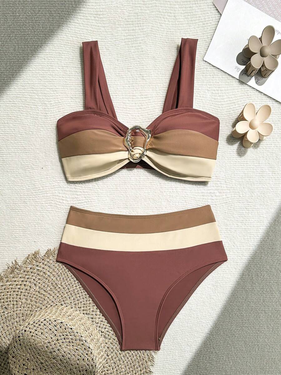 Swim Vcay Fashionable New Sexy Patchwork Color Block Thick Strap Top And High Waist Triangle Bottoms Bikini Swimsuit Set, Bodycon & Alluring For Summer Beach Vacation