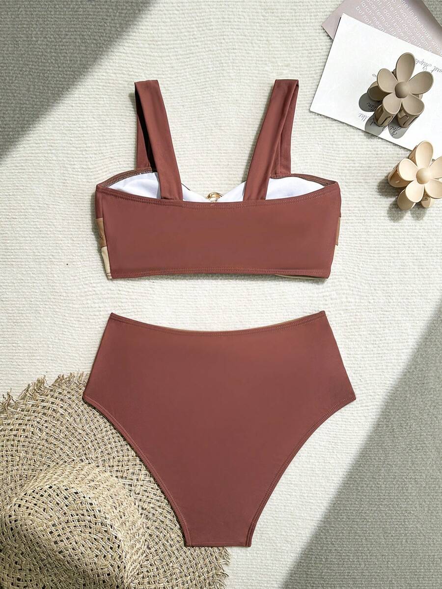 Swim Vcay Fashionable New Sexy Patchwork Color Block Thick Strap Top And High Waist Triangle Bottoms Bikini Swimsuit Set, Bodycon & Alluring For Summer Beach Vacation