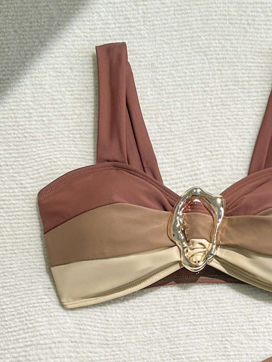 Swim Vcay Fashionable New Sexy Patchwork Color Block Thick Strap Top And High Waist Triangle Bottoms Bikini Swimsuit Set, Bodycon & Alluring For Summer Beach Vacation