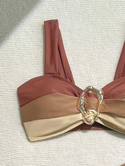 Swim Vcay Fashionable New Sexy Patchwork Color Block Thick Strap Top And High Waist Triangle Bottoms Bikini Swimsuit Set, Bodycon & Alluring For Summer Beach Vacation
