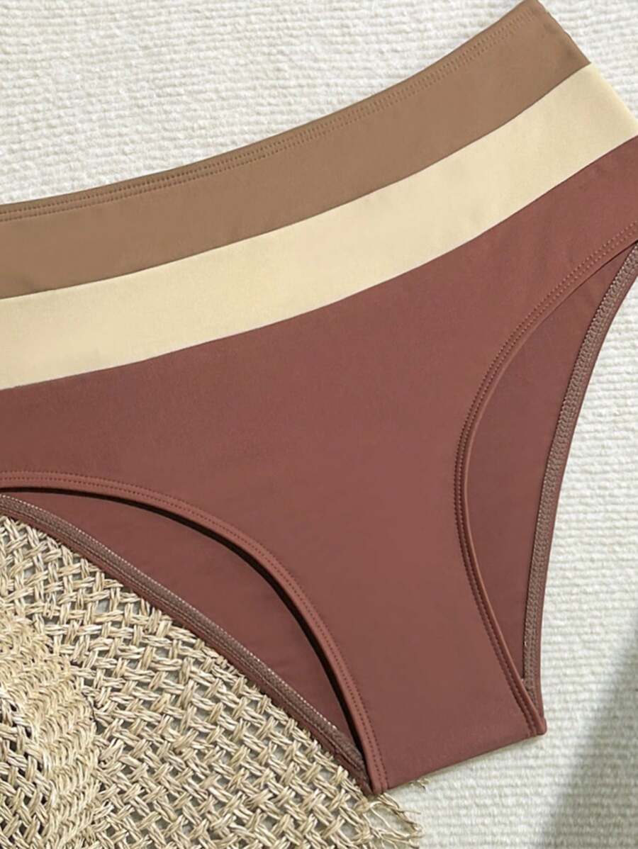Swim Vcay Fashionable New Sexy Patchwork Color Block Thick Strap Top And High Waist Triangle Bottoms Bikini Swimsuit Set, Bodycon & Alluring For Summer Beach Vacation