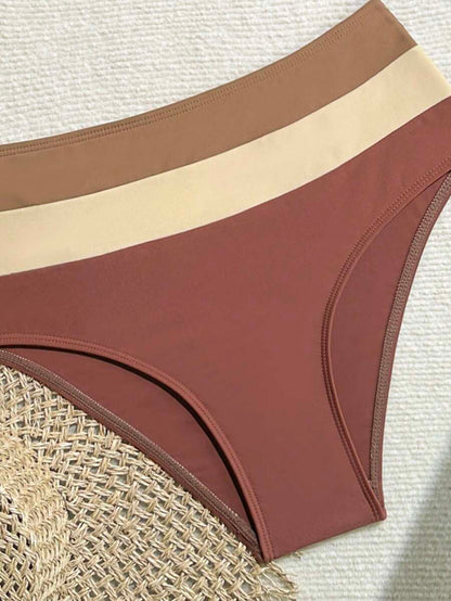 Swim Vcay Fashionable New Sexy Patchwork Color Block Thick Strap Top And High Waist Triangle Bottoms Bikini Swimsuit Set, Bodycon & Alluring For Summer Beach Vacation