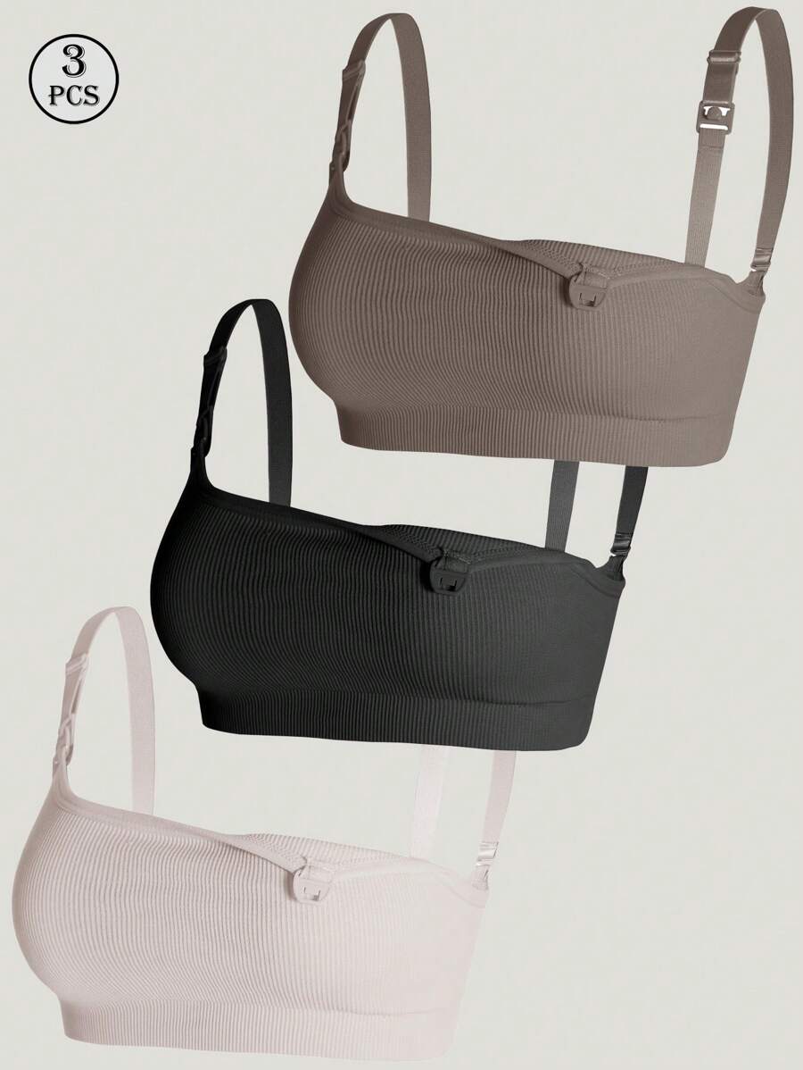 Maternity Nursing Bra Set 3 Pack - Easy Open Breastfeeding Bralette, Black Coffee Skin