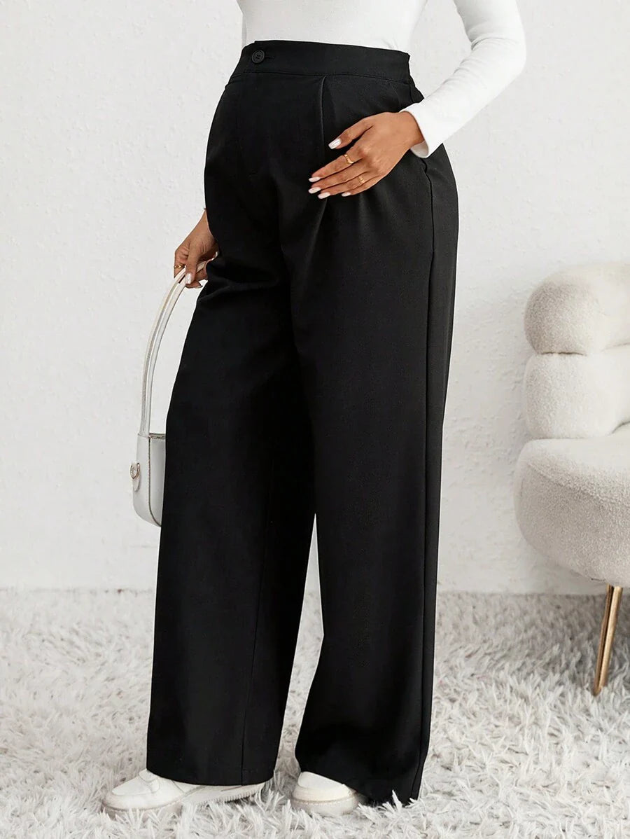Maternity Straight Leg Pants - Zipper Fly, Button Detail, High Waist, Loose Fit, Black