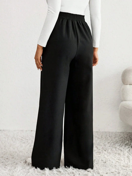 Maternity Straight Leg Pants - Zipper Fly, Button Detail, High Waist, Loose Fit, Black