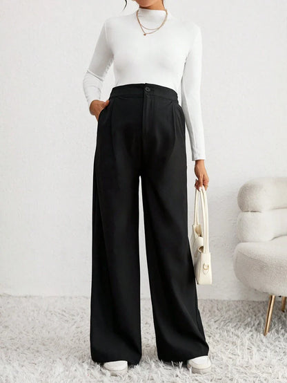 Maternity Straight Leg Pants - Zipper Fly, Button Detail, High Waist, Loose Fit, Black