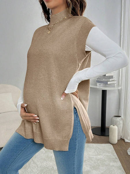 Women's Maternity Loose Knitted Sweater with Side Slit - Casual Autumn Pullover