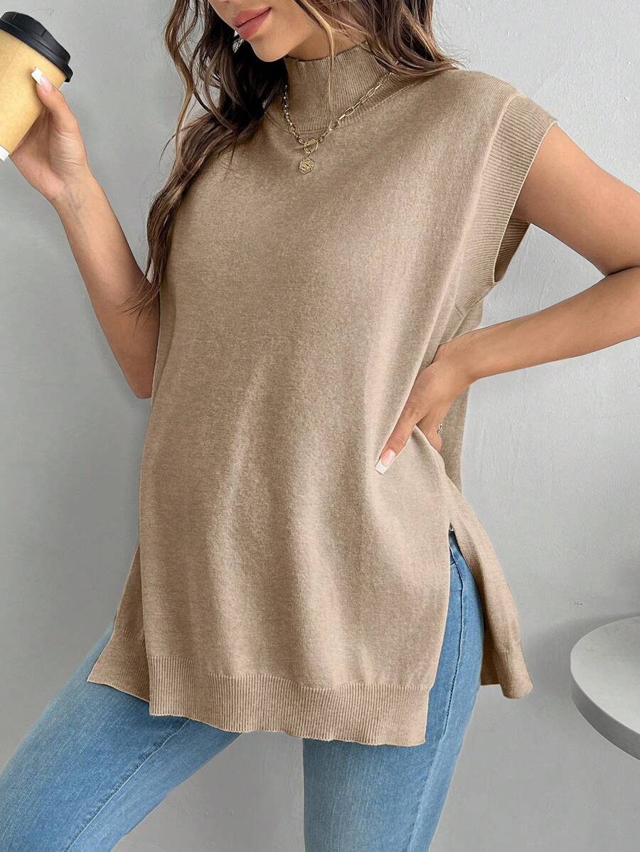 Women's Maternity Loose Knitted Sweater with Side Slit - Casual Autumn Pullover