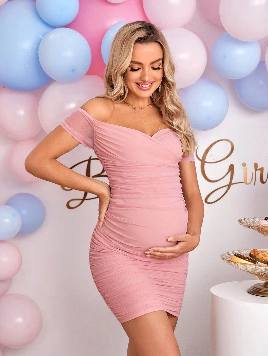 Maternity Off Shoulder Short Sleeve Ruffle Dress Elegant Bodycon Pink Mini Dress for Baby Shower and Photoshoot
