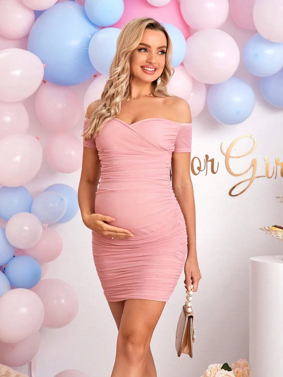 Gender Reveal Dress Maternity Off-Shoulder Ruched Bodycon Dress Baby Shower Dress