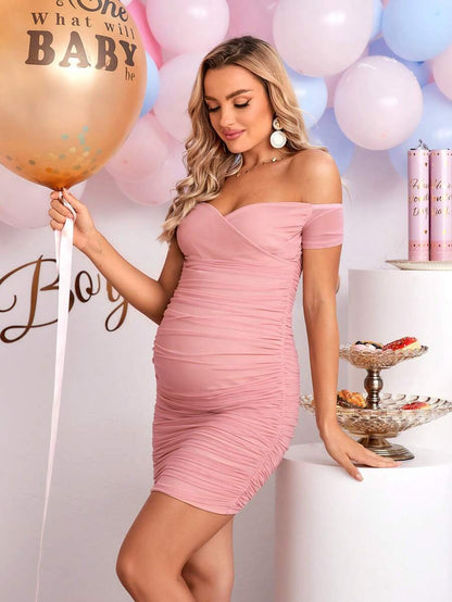 Maternity Off Shoulder Short Sleeve Ruffle Dress Elegant Bodycon Pink Mini Dress for Baby Shower and Photoshoot