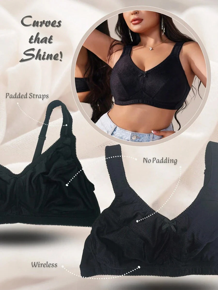 Plus Size Women's Jacquard Wireless Bra - Soft Sponge Adjustable Strap Bralette