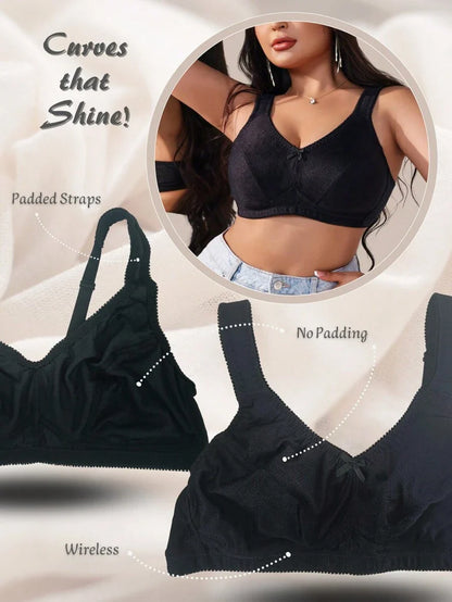 Plus Size Women's Jacquard Wireless Bra - Soft Sponge Adjustable Strap Bralette