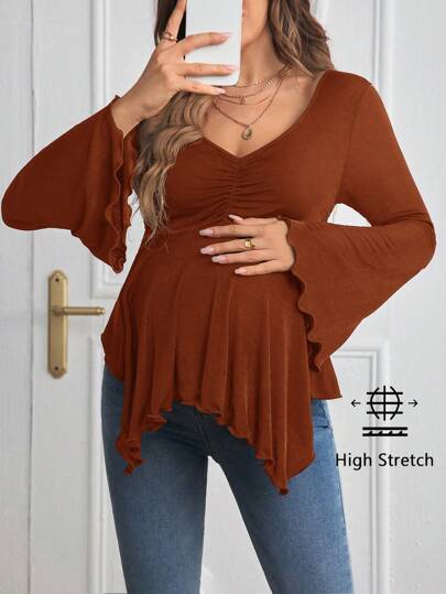 Maternity Flounce Sleeve Ruched Lettuce Trim T-Shirt - Rust Brown High Neck Slim Fit Flare Sleeve Knitted Pregnancy Top