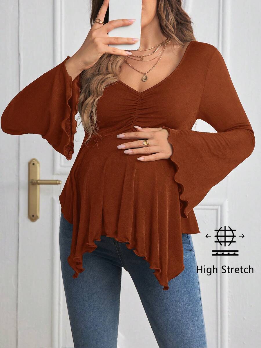 Maternity Flounce Sleeve Ruched Lettuce Trim T-Shirt - Rust Brown High Neck Slim Fit Flare Sleeve Knitted Pregnancy Top