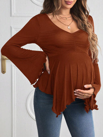 Maternity Flounce Sleeve Ruched Lettuce Trim T-Shirt - Rust Brown High Neck Slim Fit Flare Sleeve Knitted Pregnancy Top