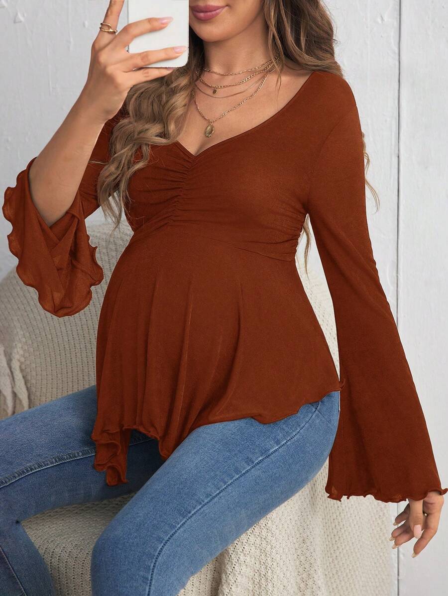 Maternity Flounce Sleeve Ruched Lettuce Trim T-Shirt - Rust Brown High Neck Slim Fit Flare Sleeve Knitted Pregnancy Top